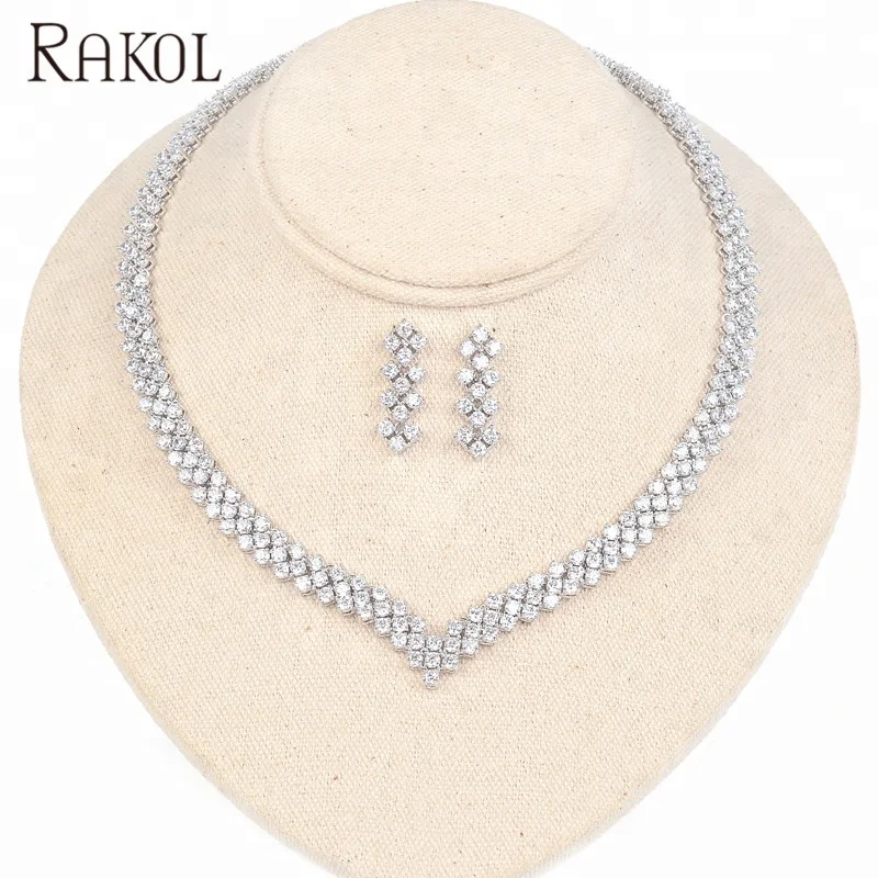 RAKOL Luxury wedding jewelry 925 silver full rhinestone 3 rows zircon diamond necklace earrings sets S066