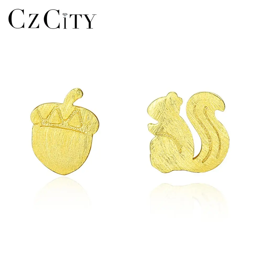 CZCITY Sterling Silver 925 Animal Stud Earrings for Women Brushed Vivid Squirrel&Hazelnut Fashion Earring Fine Jewelry