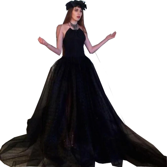 

Backless Latest Design Halter Neck Tulle Gothic Black Wedding Dress, Custom made