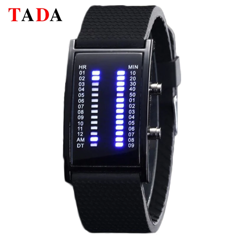 

Tada Brand Unique Binary Led Watch Fashion Bridge Rectangle Shape Blue Light Silicone Men Sports Digital Watch 2018 montre homme