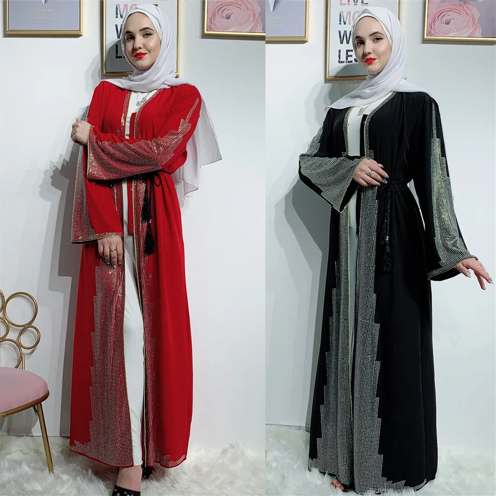 

new arrival fashion Muslim Front Open Soft Crepe With Stone Abaya, Red,black