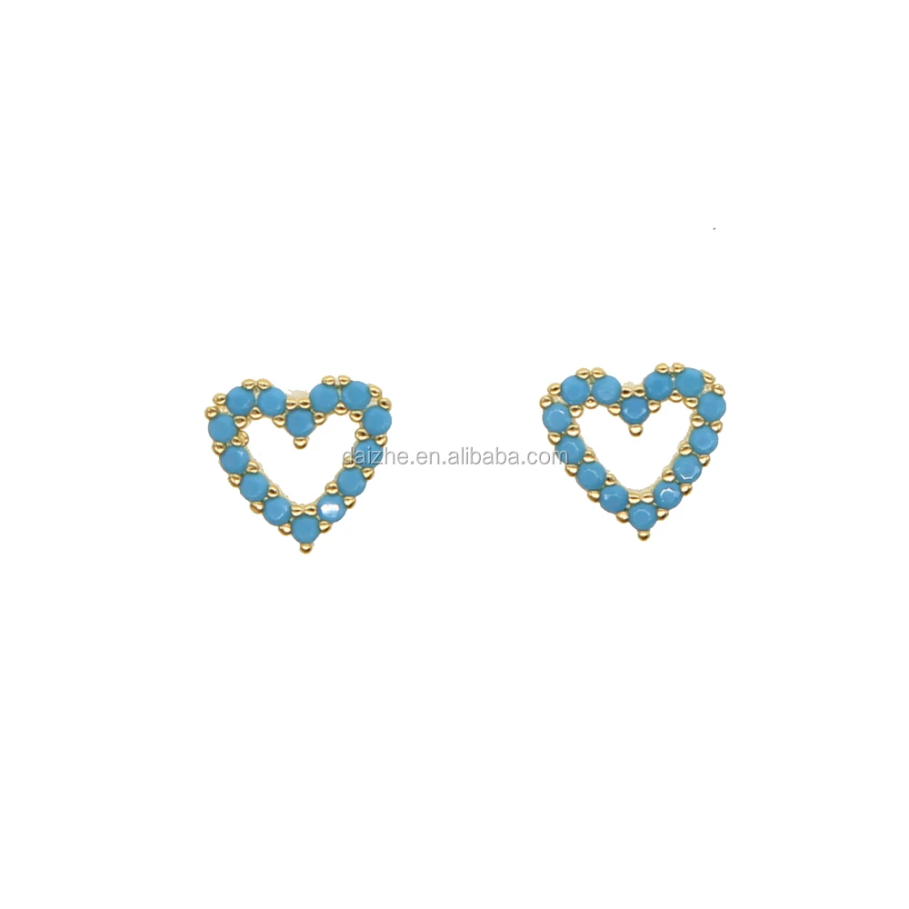 

925 sterling silver heart shape stud earring with turquoise stone paved tiny earring for wedding
