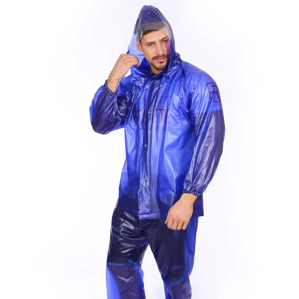

100% waterproof outdoor work adult blue rubber pvc raincoat rain suit set jackets with pants flap in front custom print logo