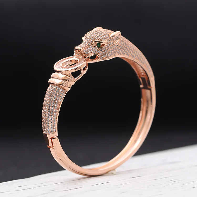 

Luxury brass zirconia leopard head bracelet zircon Gold plated bangle women jewelry wholesale