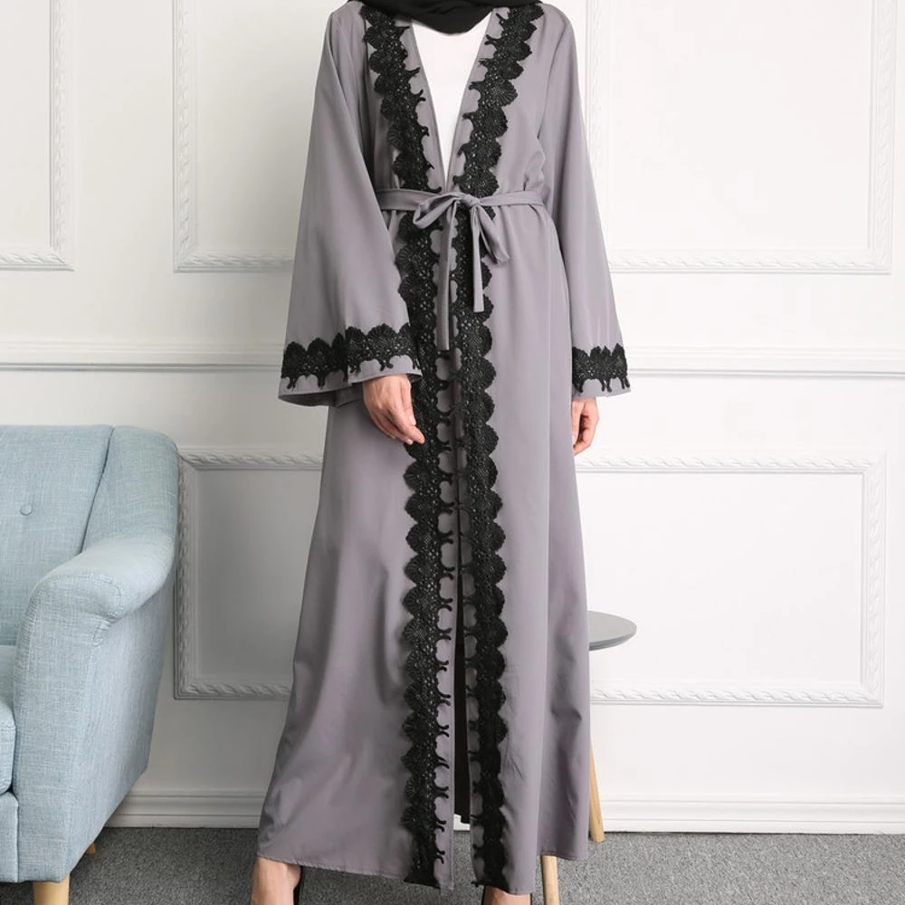 

lace joint muslim open abaya for ramadan, Gray