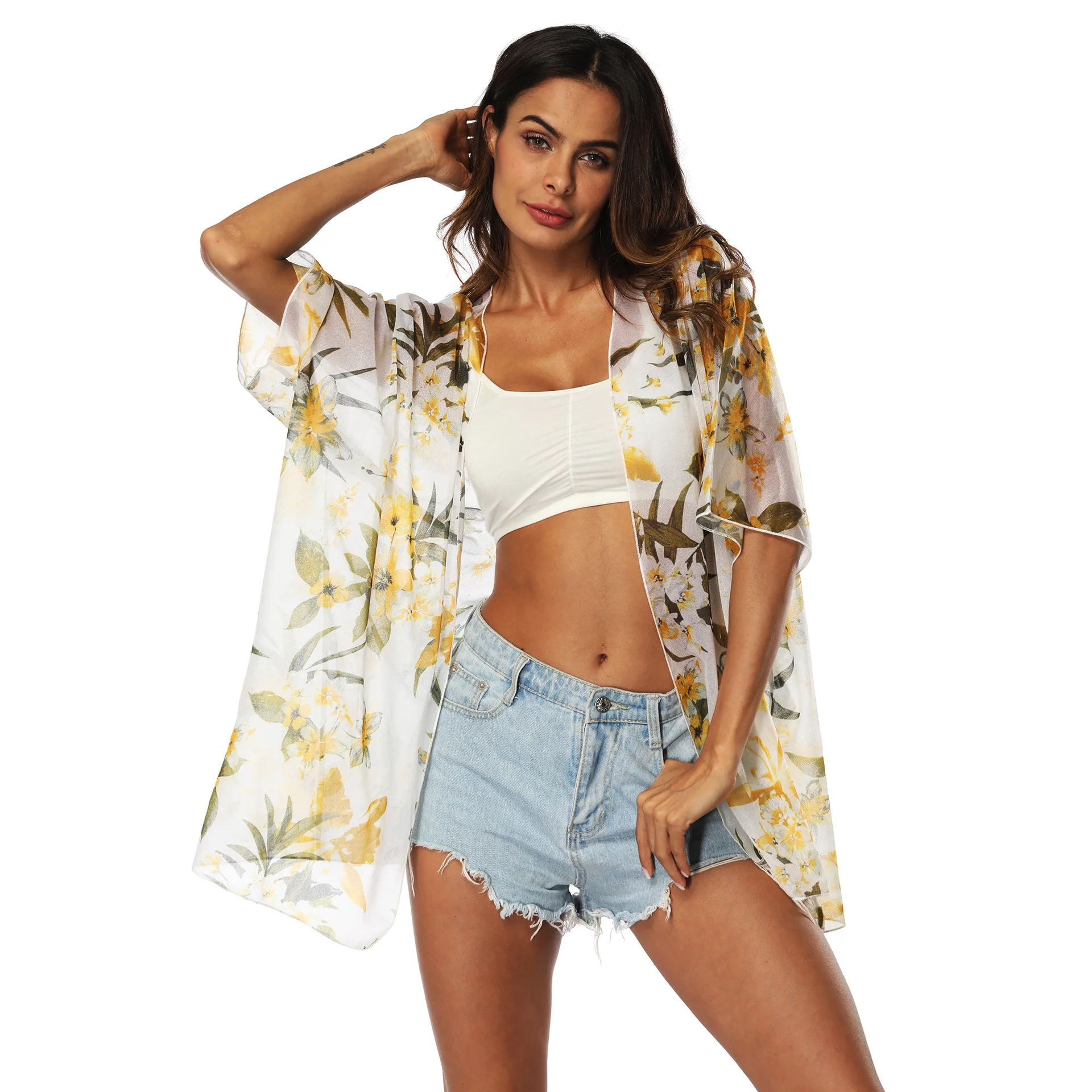

Short kaftan custom printed chiffon beachwear women fashion dress 2019