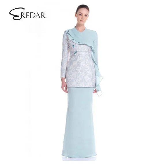 Summer Latest fashion lace design appliques V-neck printed women baju kurung malaysia