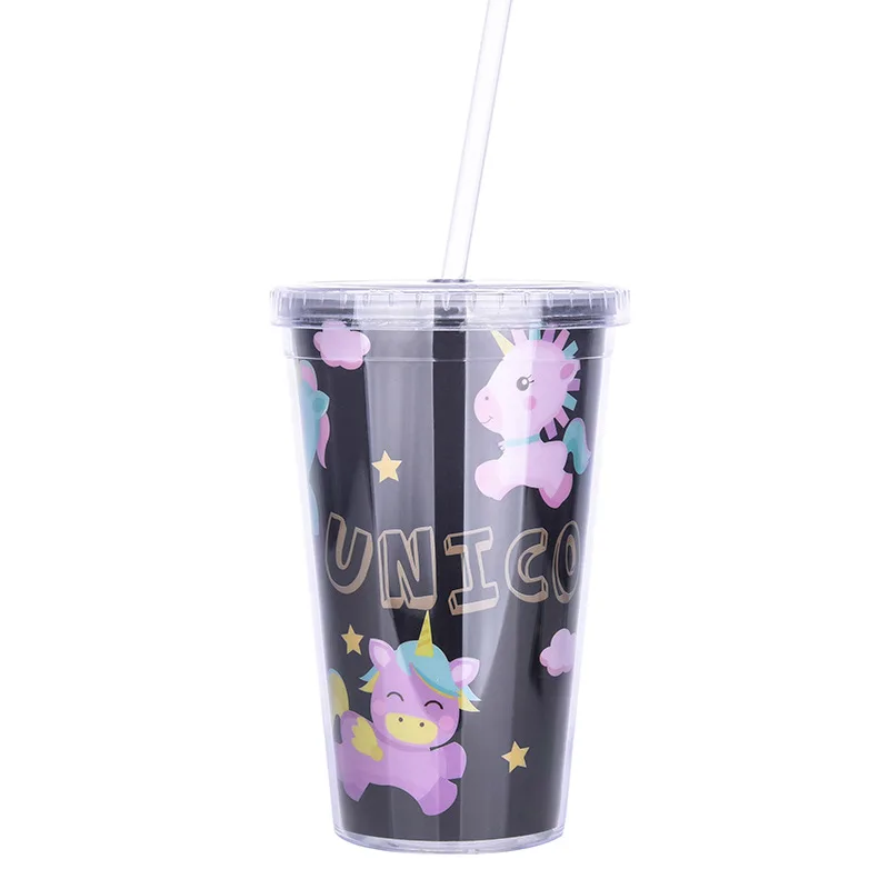 

Plastic unicorn tumbler cup with straw, Purple,green,black