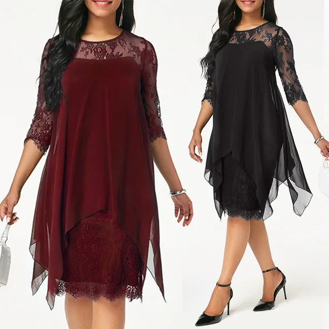 

Plus Size Chiffon Dresses Women New Fashion Chiffon Overlay Three Quarter Sleeve Stitching Irregular Hem Lace Dress