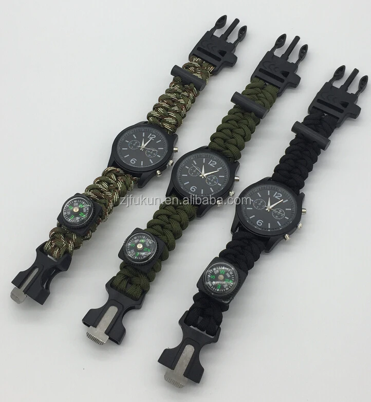 

Promotional Colorful Watch Band Paracord Bracelet Fire Starter Whistle Shackle Survival Watch Wrist Bracelet