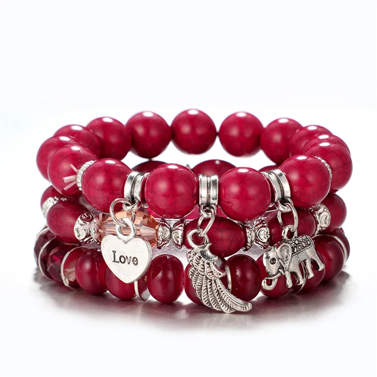 

3pcs simple bohemian beaded elephant pendant wings love charm ball stainless beaded bracelet women