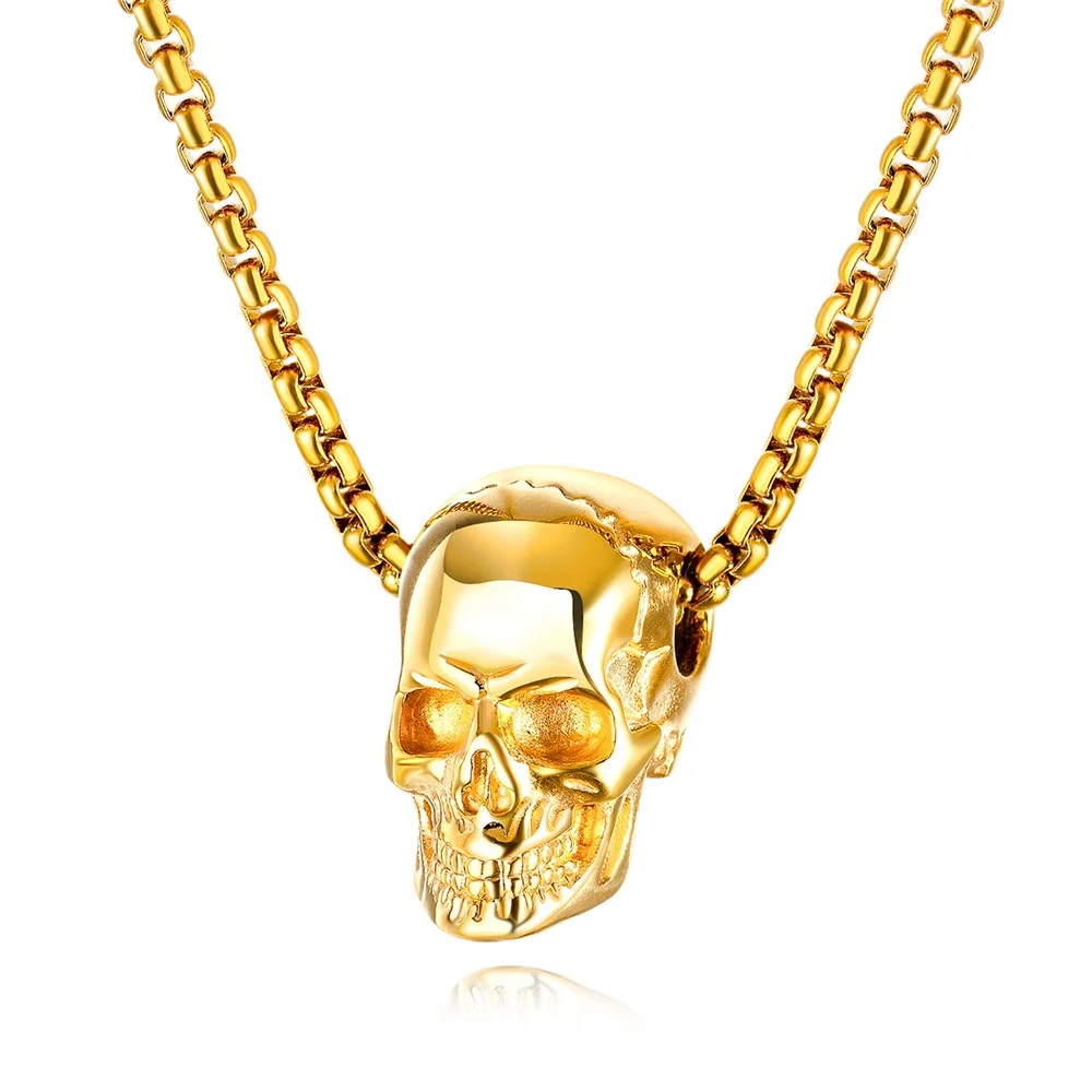 

HipHop Rock Design Punk Gothic Style Gold Plated 316L Stainless Steel Men Skull Necklace, Silver ,gold ,black,customized color