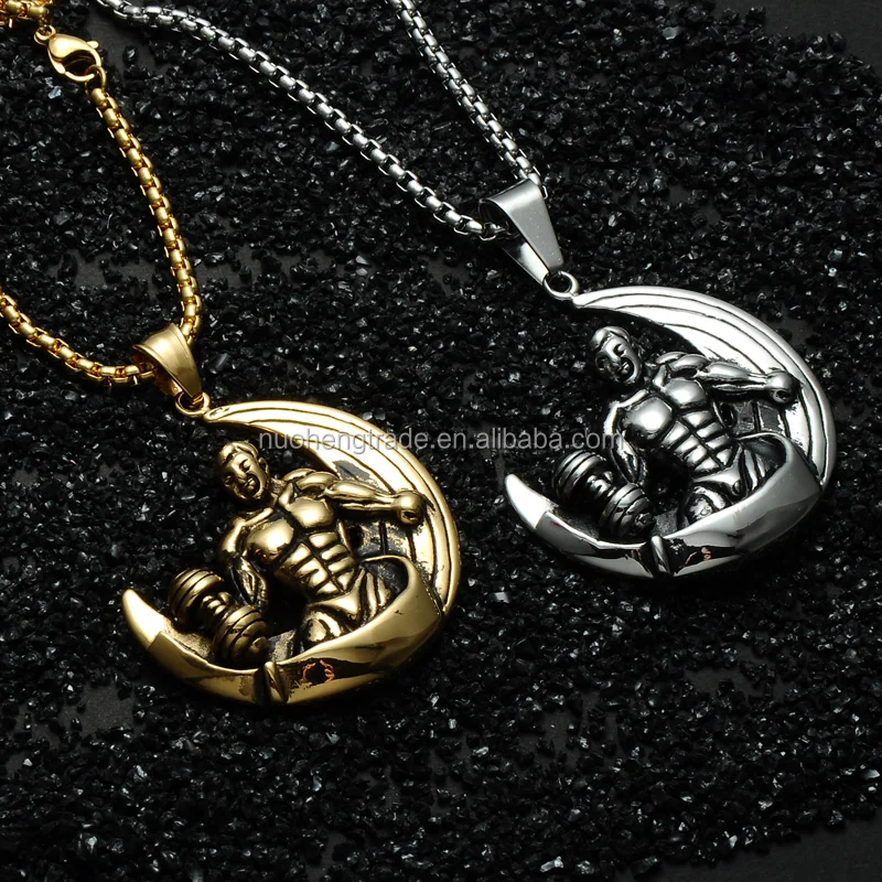 

316L Stainless Steel Moon Muscle Man Necklace Dumbbell Pendant Bodybuilding Fitness Jewelry, Stainless steel color/gold color