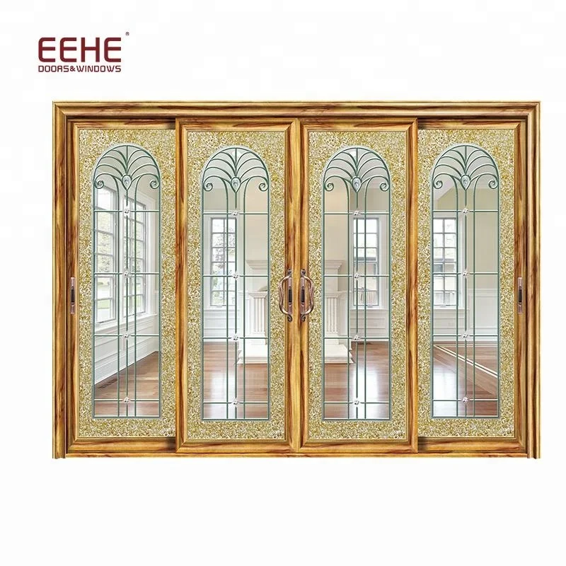 Wood Color Aluminum Frame Clear Plain Glass Double Sliding Door