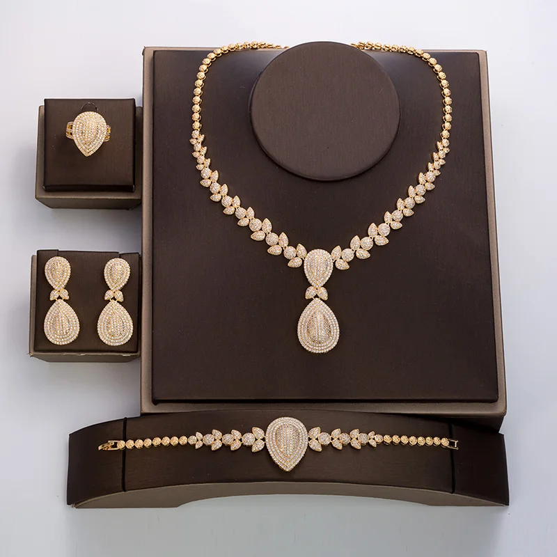 

Echsio High Quality Wholesale Luxury Jewelry Sets Big 4Pcs Necklace Bracelet Earrings Ring Set For Valentine's Day Gift CN289