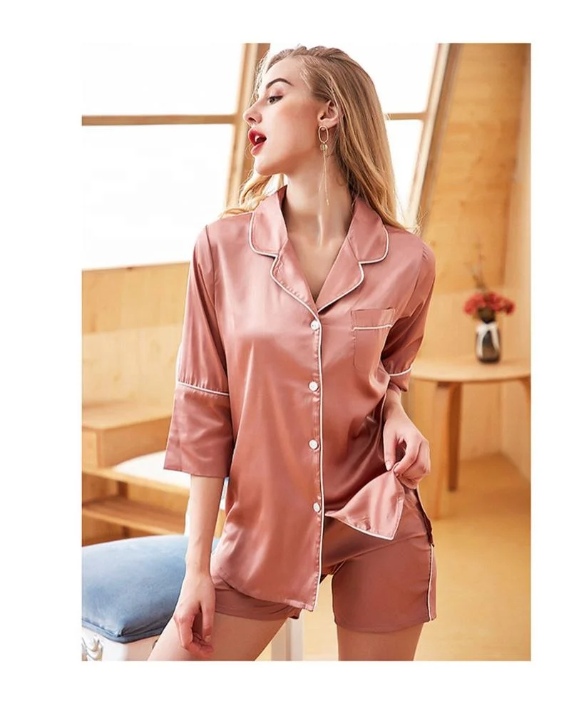 

Envelope sexy fashion silk seven-point sleeve pajamas, Blue;bean paste;bean red