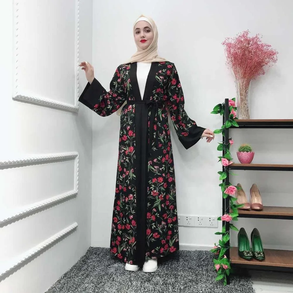 

2019 fashion islamic clothing beautiful muslim dresses printed flower dubai abaya for women, Black