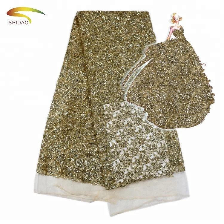 

2017 Africa Gold Shinning Flower Embroidery Glitter Powder lace fabric For Party Dresses, Customized color