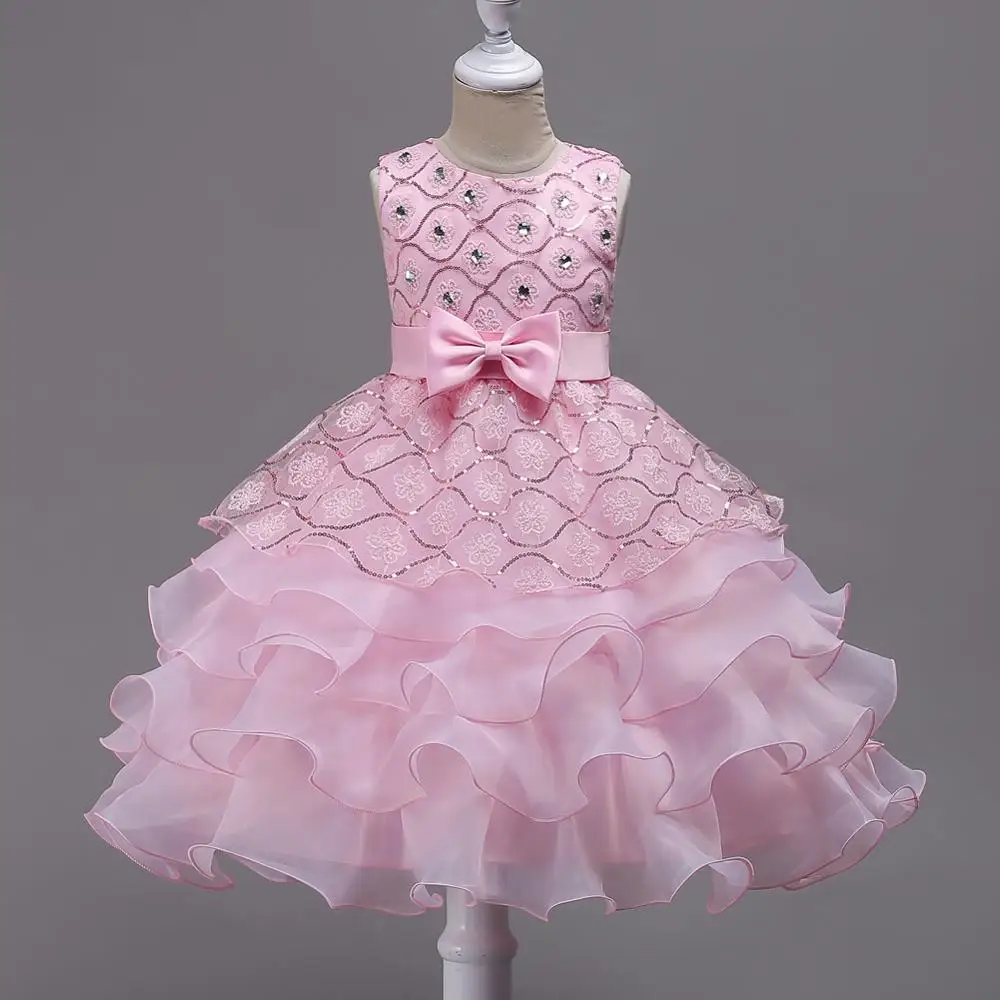 High-grade layered children's dresses Nail bead design performance dress pattern girl birthday dress for 8years old