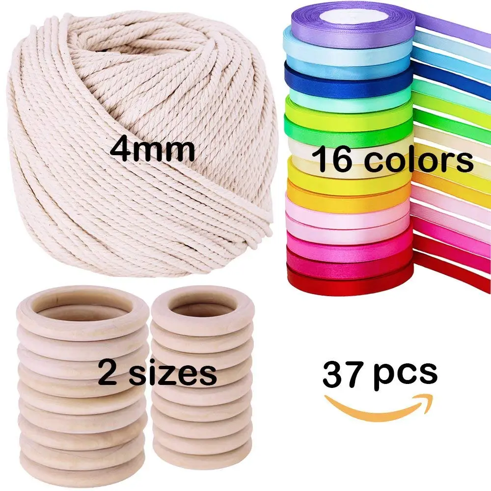 Supla 2 Size 20 PCS Unfinished Solid Wooden Rings Wooden Teething Ring Natural Wood Teething Rings,16 colors 400 yard satin ribbon rolls in 2/5” wide and Macrame Cotton Cord,1/8” Wide,109 yard Length