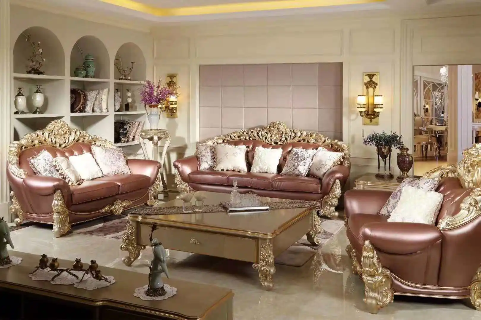 European classical living room furniture antique wood carved flowers luxury sofa set