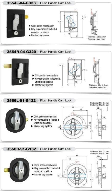 Thailand imported Swing door Flush handle key lock with cam type 