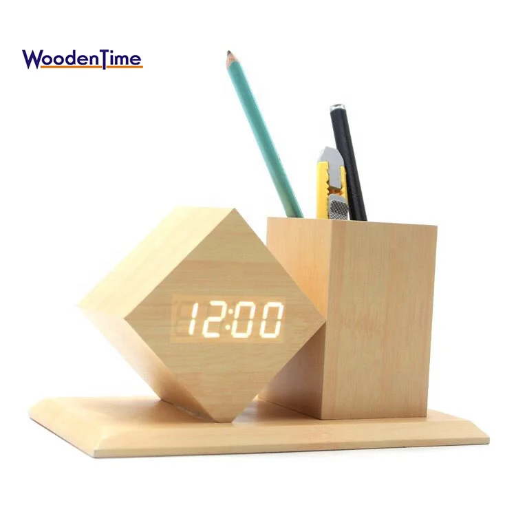 
2018 Creative Christmas gift Study Desk Wood Pen Container Holder LED Digital Alarm Clock With Temperature Time Date  (60813730033)