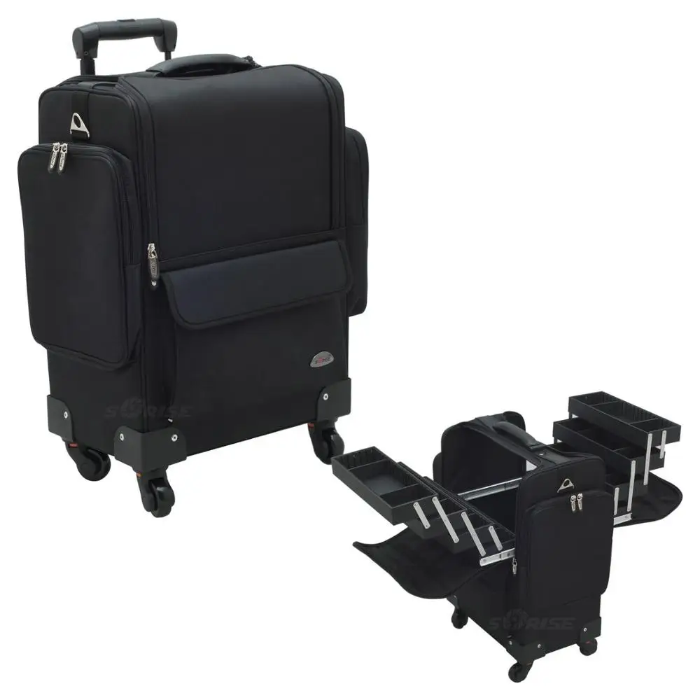 Nylon Trolley Makeup Organizer Bag With Rolling Wheel Wooden