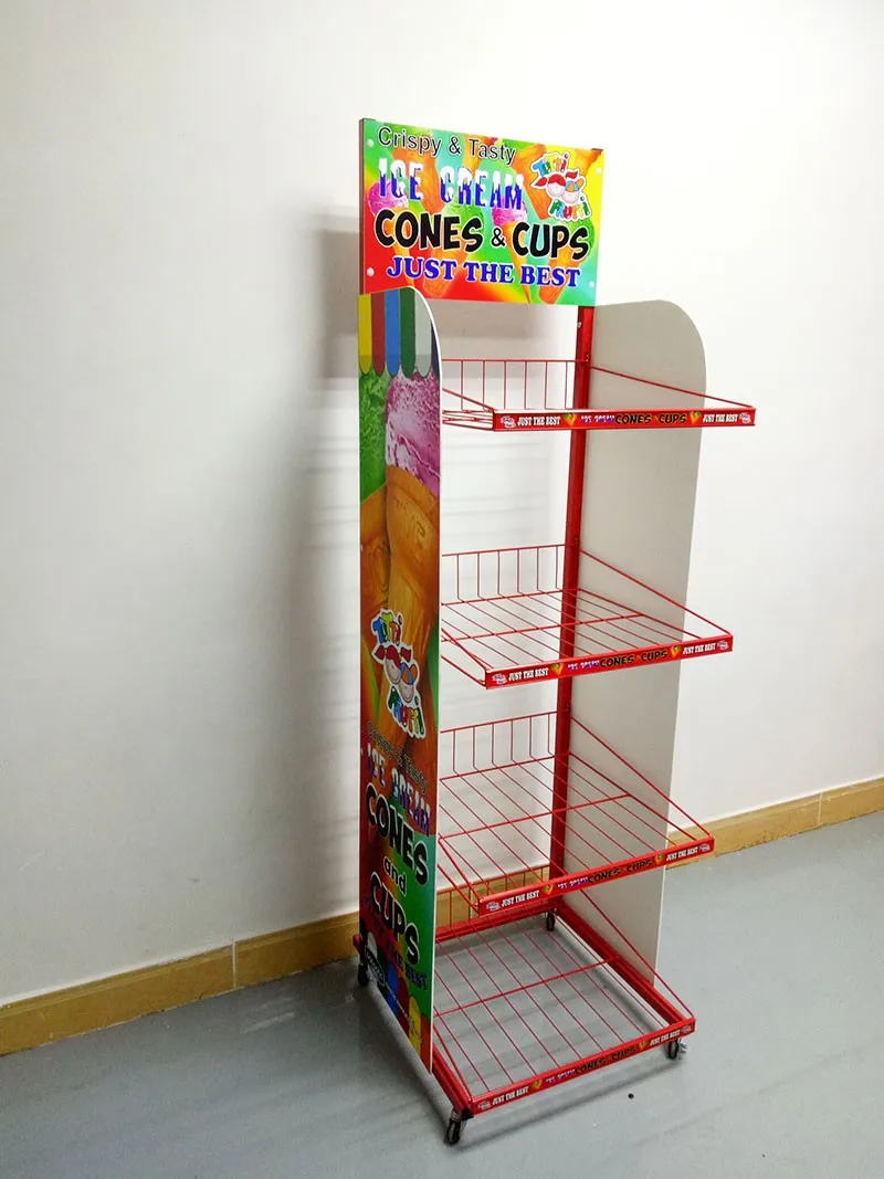 Red Color Metal Wire Potato Chips Display Shelf Replaceable 4 Layers Floor Free Standing Snack