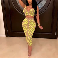 

Summer Clothing Women Bodycon Midi Skirt And Crop Top Zipper Front Sexy 2 Piece Set Women