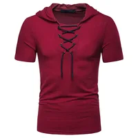 

Summer New Men's Leisure Pure Colored Tie Decorative Cap Short Sleeve T-shirt