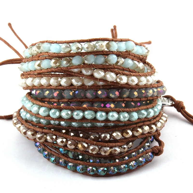 

Fashion 8mm Women Crystal Glass Beads Bracelet 2 Row Weave double leather Wrap Bracelet