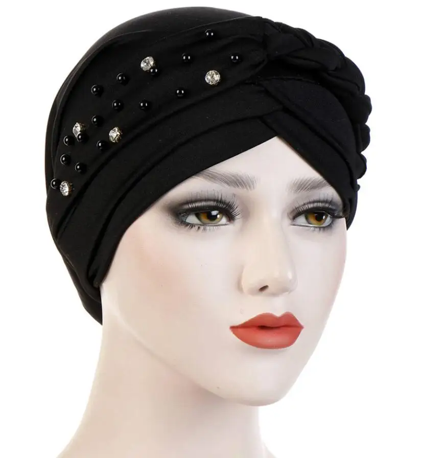 Braid Wrap Headscarf Beads Muslim Scarf Women Turban Beanie Bonnet Hat Chemo Cap 