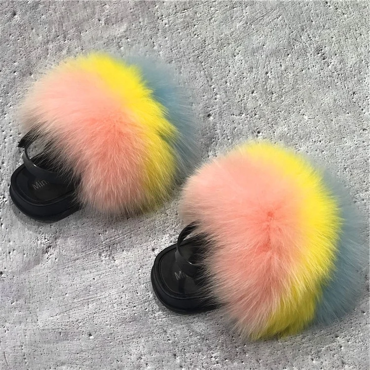 

Wholesale Baby Sandals Pantuflas Raccoon Fur Furry Cute Shoes Real Fox Fur Slippers Summer Kids Toddler Fur Slides With Strap, As picture show or customized