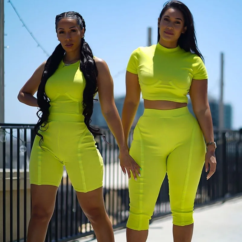 Guangzhou trendy cheap sexy summer women lady 2 piece lime neon green outfit set