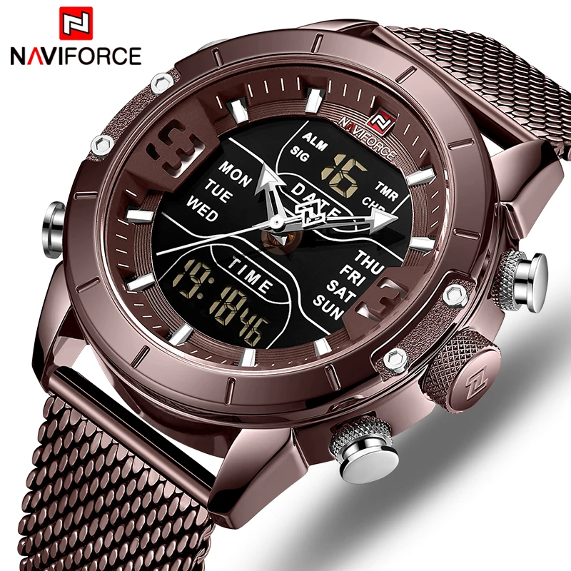 NAVIFORCE Watch Men Mesh belt Military Watch 30m Waterproof Wristwatch LED Quartz Clock Sport Watch Male 9153
