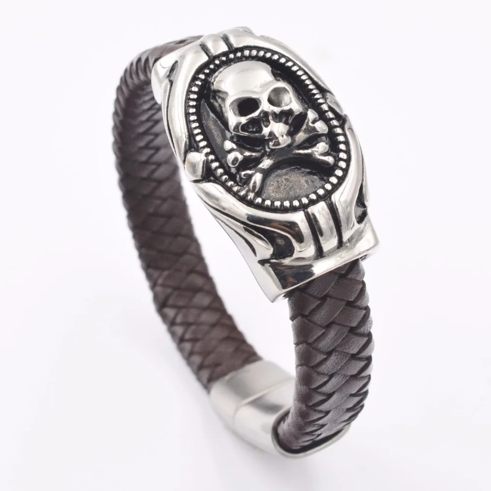 

Alibaba China wholesale skull pattern fashion snap button leather man chain bracelet, Black