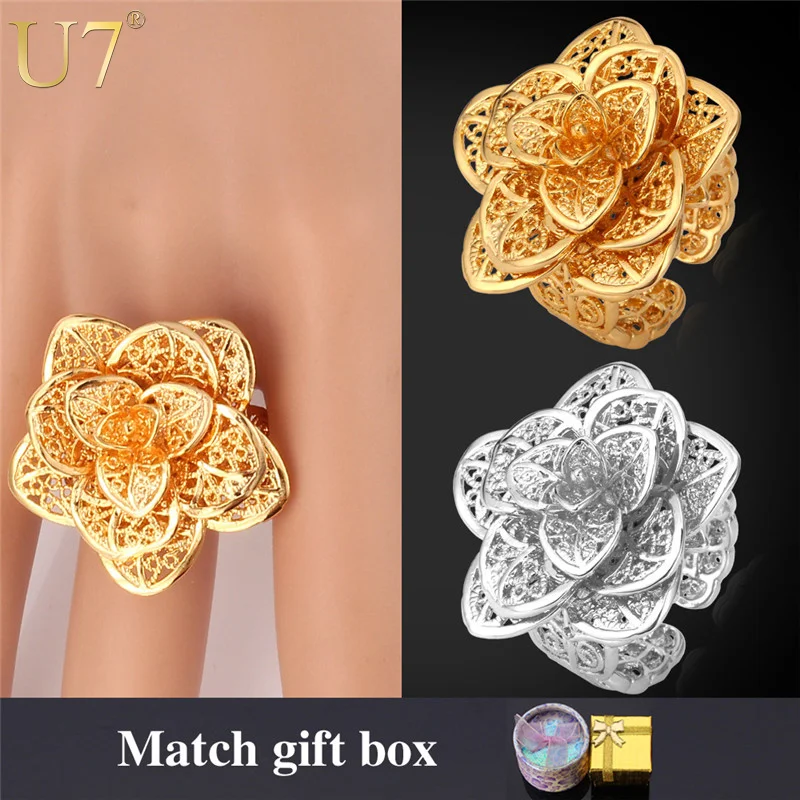 

U7 Big Flower Ring 18k Gold Plated rings Women Female Jewelry Wholesale Vintage Engagement Bands Ring ceremony Gift with box