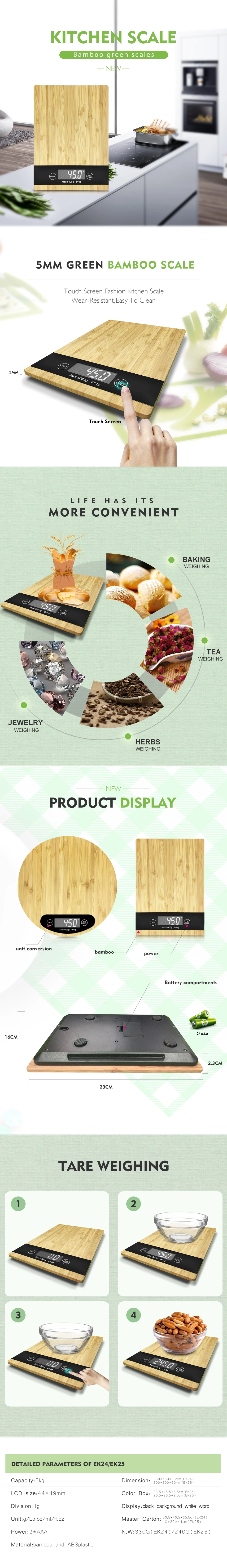 Ts-ek24 Lcd Backlight Display Digital Table Food Bamboo Kitchen Scale