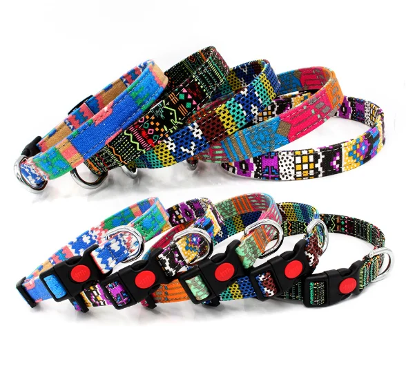 

Bohemia Pattern Adjustable Durable Canvas Dog Collar Pet Safety Buckles Dog Collar Custom, As picture