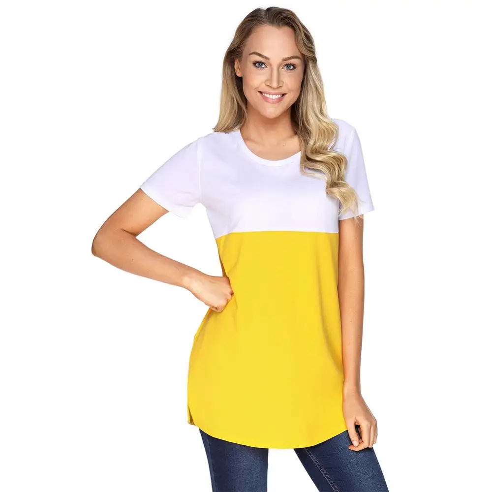 2019 summer new launching lady blouse shirts Mustard White Colorblock Pocket Tunic women loose fit shirt