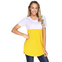 

2019 summer new launching lady blouse shirts Mustard White Colorblock Pocket Tunic women loose fit shirt