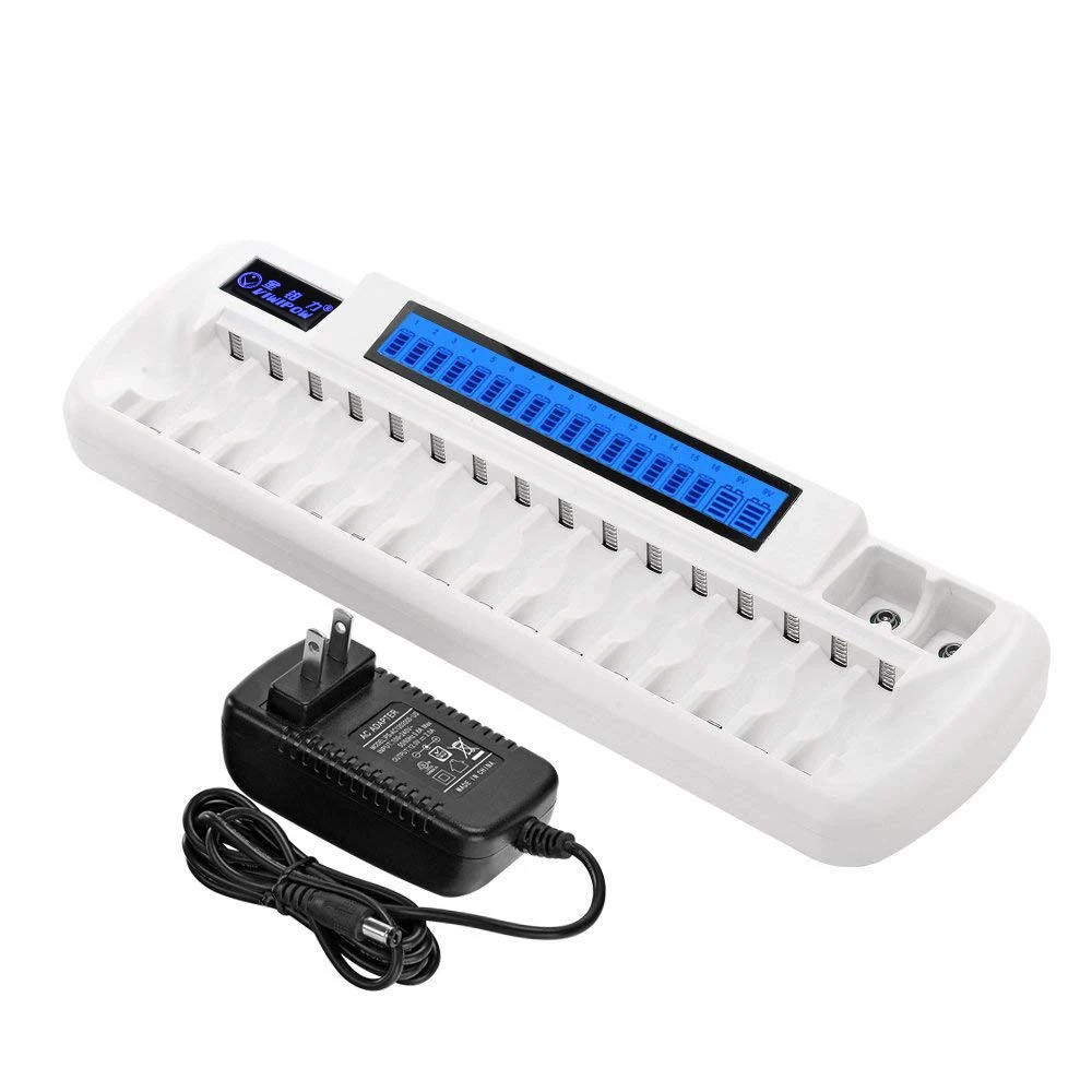 

LCD Battery Charger 16 Slots Fast Charge AA AAA 9V NIMH NICD Li-ion Rechargeable Battery Charger, White black