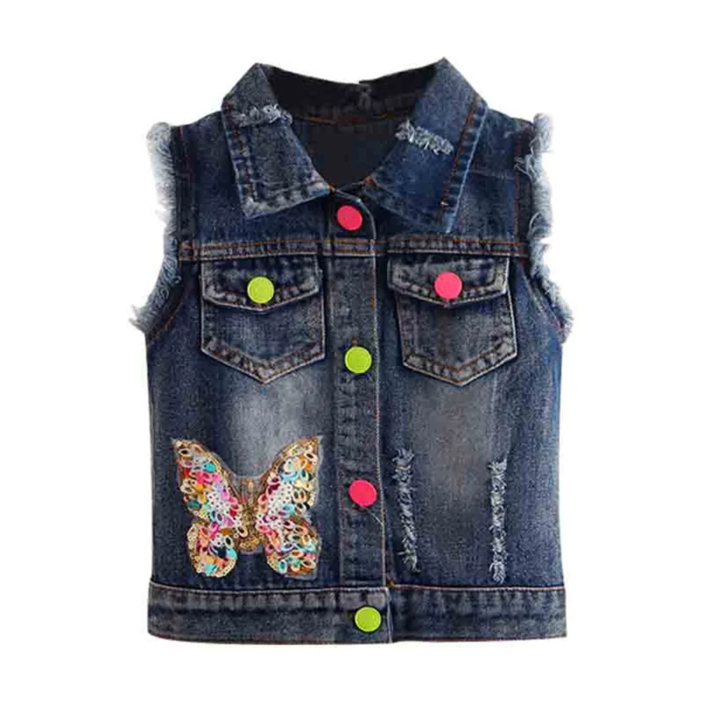 

Mudkingdom wholesale cowboy vest autumn outfit girl denim jean lapel hole vest