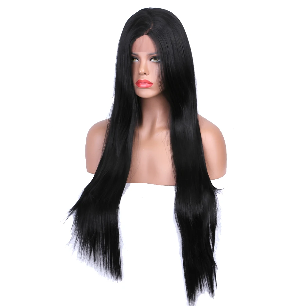 30 Inch Black Silky Straight Synthetic Lace Front Wigs Glueless Heat