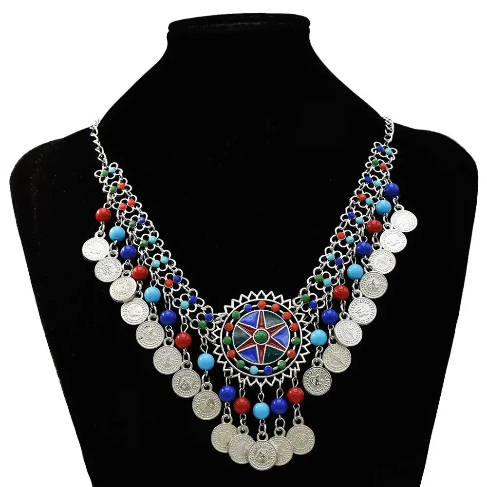 

Gypsy silver coin tassel colorful beads tassel choker statement necklace for women tribal jewelry