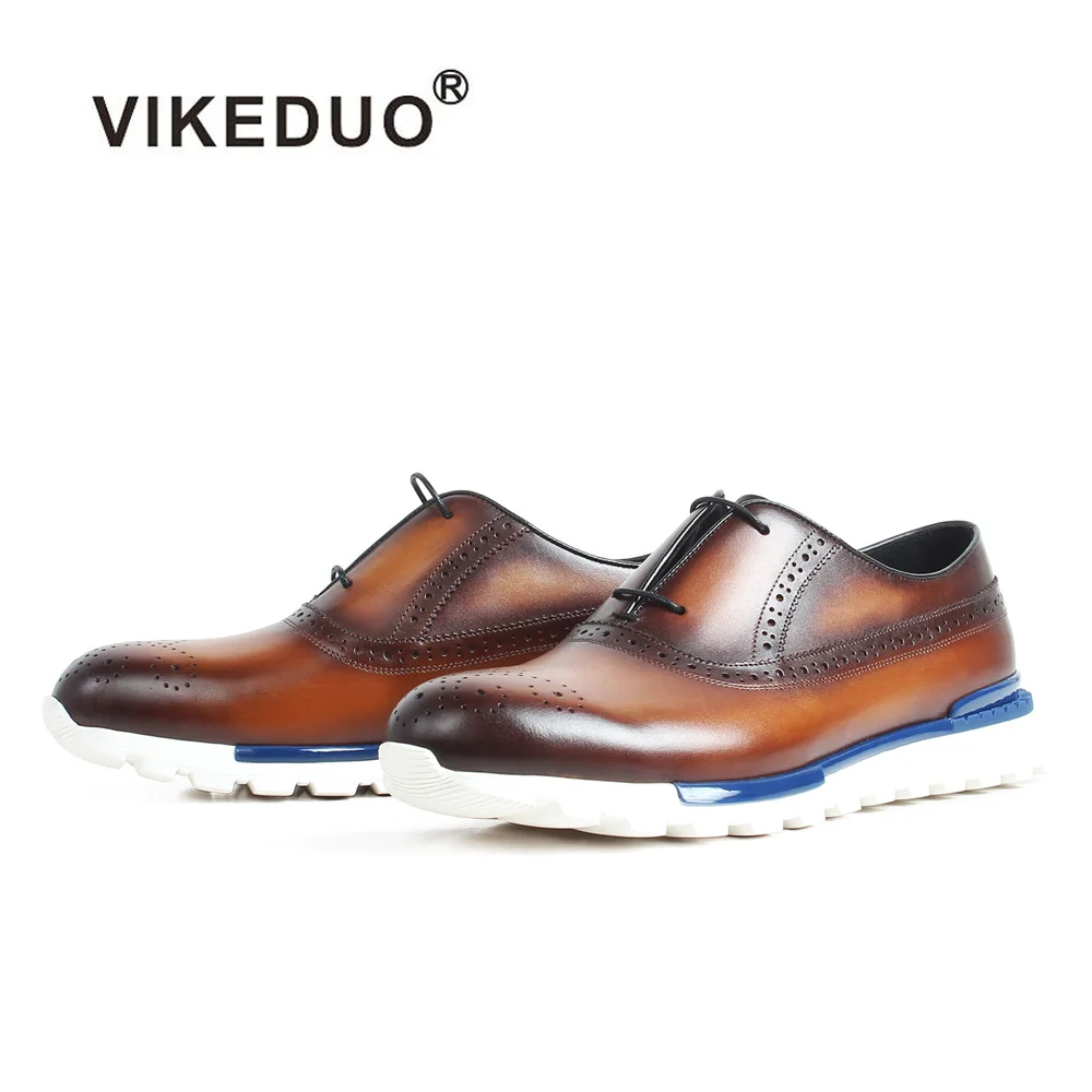 

VIKEDUO Hand Made Chinese Footwear Brand Brown Brogue Sneaker Italy Genuine Leather Shoes Casual Footwear