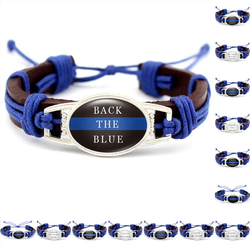 

Blue Lives Matter Polices Support Thin Blue Line Back the Blue Law Enforcement Mens Charm Adjustable Genuine Leather Bracelets, Silver plated
