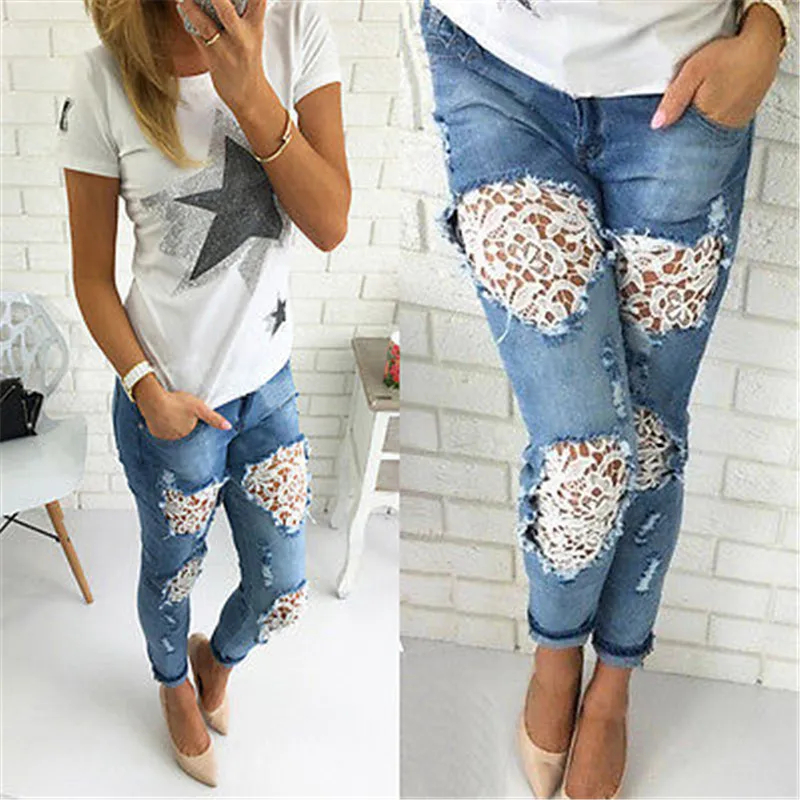 

2018 Hot Sale Lace Stitching Ripped Jeans, As pictrues