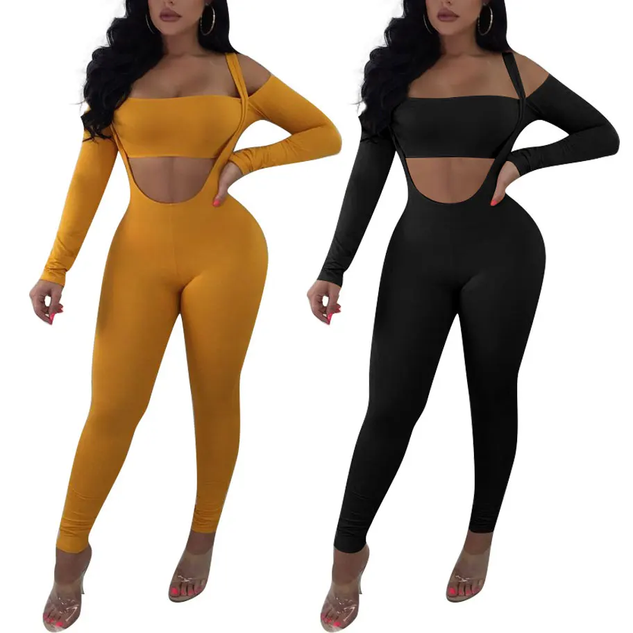 

80808-MX44 2 colors sexy 2 piece sets with belt long rompers for women
